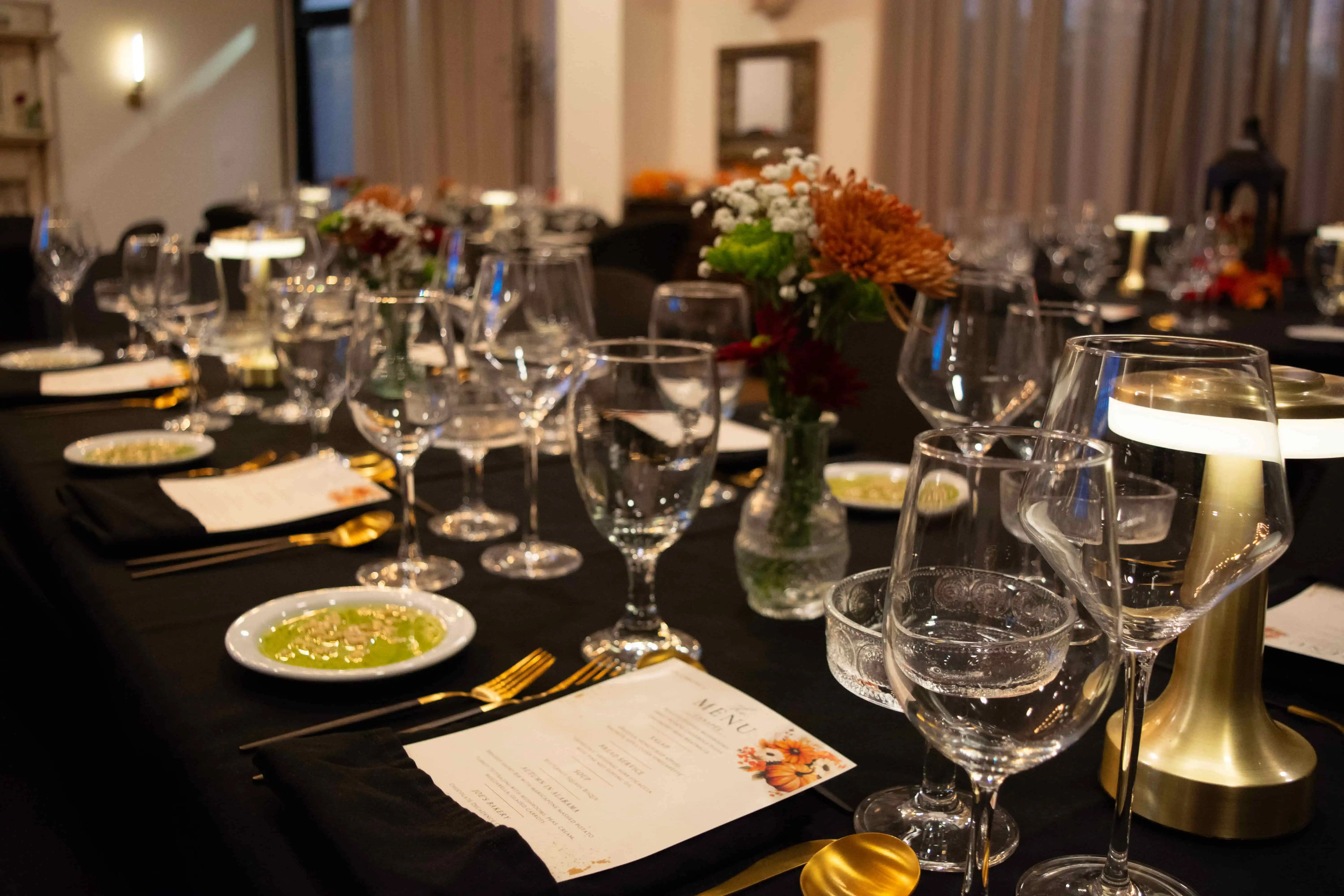 Private dinner tablescape at Joe's Kitchen, Bar, & Bakery, Alabaster Alabama